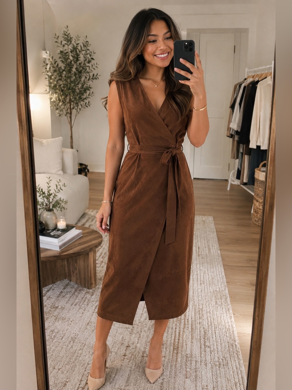 Banana Republic Faux Suede Wrap Dress Brown Petite 2 NWOT